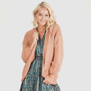 NWT Esqualo Soft & Cozy Open Front Cardigan Sweater Camel Peach Pink Metallic SM